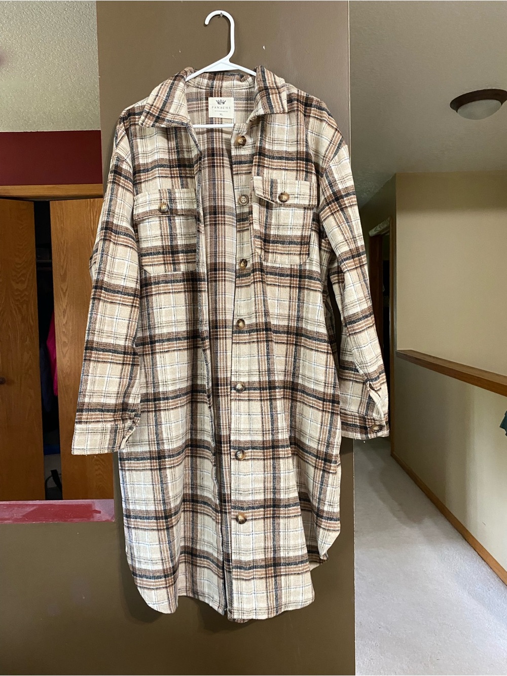 Panache Plaid Button-Front Shacket in Cream, Brown & Black
